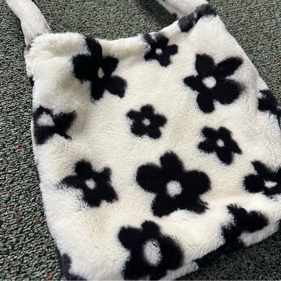 Fuzzy Furry Soft Black & White Floral Cow Print Medium Casual Shoulder Tote Bag - Picture 5 of 16
